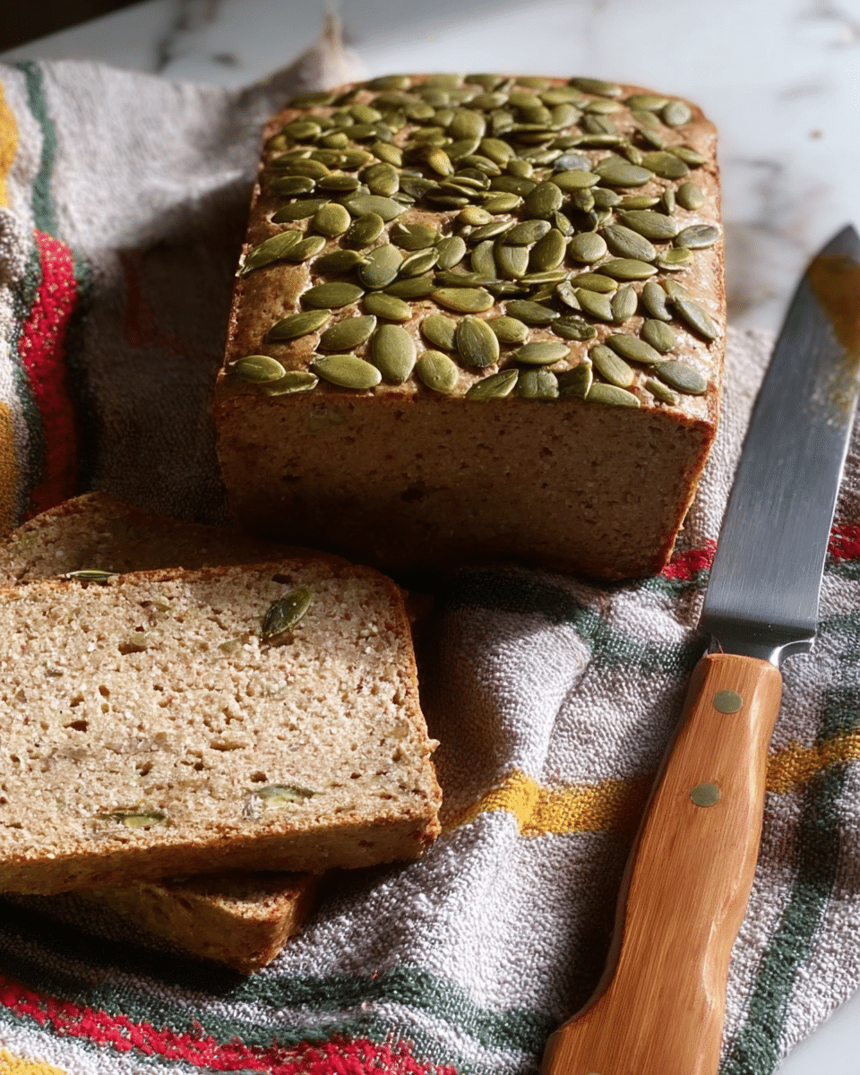 The image shows a loaf of bread with three visible layers, each light brown and slightly grainy in texture, topped with a dense layer of green pumpkin seeds. Two slices, cut from the loaf, lie flat to the left side, showing a slightly coarse but soft interior. A knife with a wooden handle rests to the right of the bread. All items are set on a cloth with gray, red, green, and yellow stripes, over a white marbled surface. Photo taken with an iphone --ar 4:5 --v 7