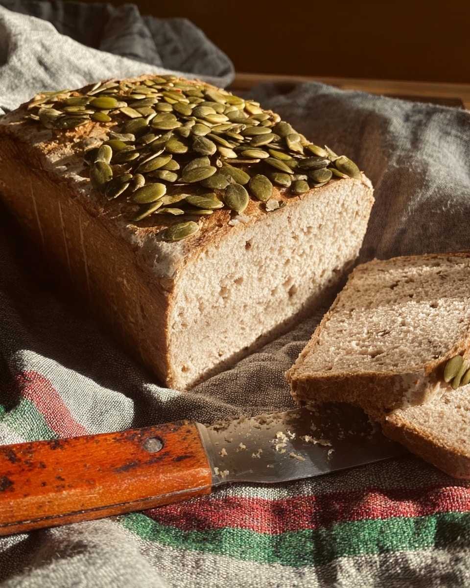 A thick rectangular loaf of bread with a rough, crumbly light brown texture is shown on a gray cloth with green and red stripes. The top layer of the bread is covered with flat green pumpkin seeds, adding contrast to the pale crust. Two thin slices lie flat beside the loaf, showing a dense, slightly grainy interior. A knife with a worn, orange wooden handle rests next to the bread on the cloth. The scene is lit by warm natural light, casting soft shadows on the bread and knife. photo taken with an iphone --ar 4:5 --v 7