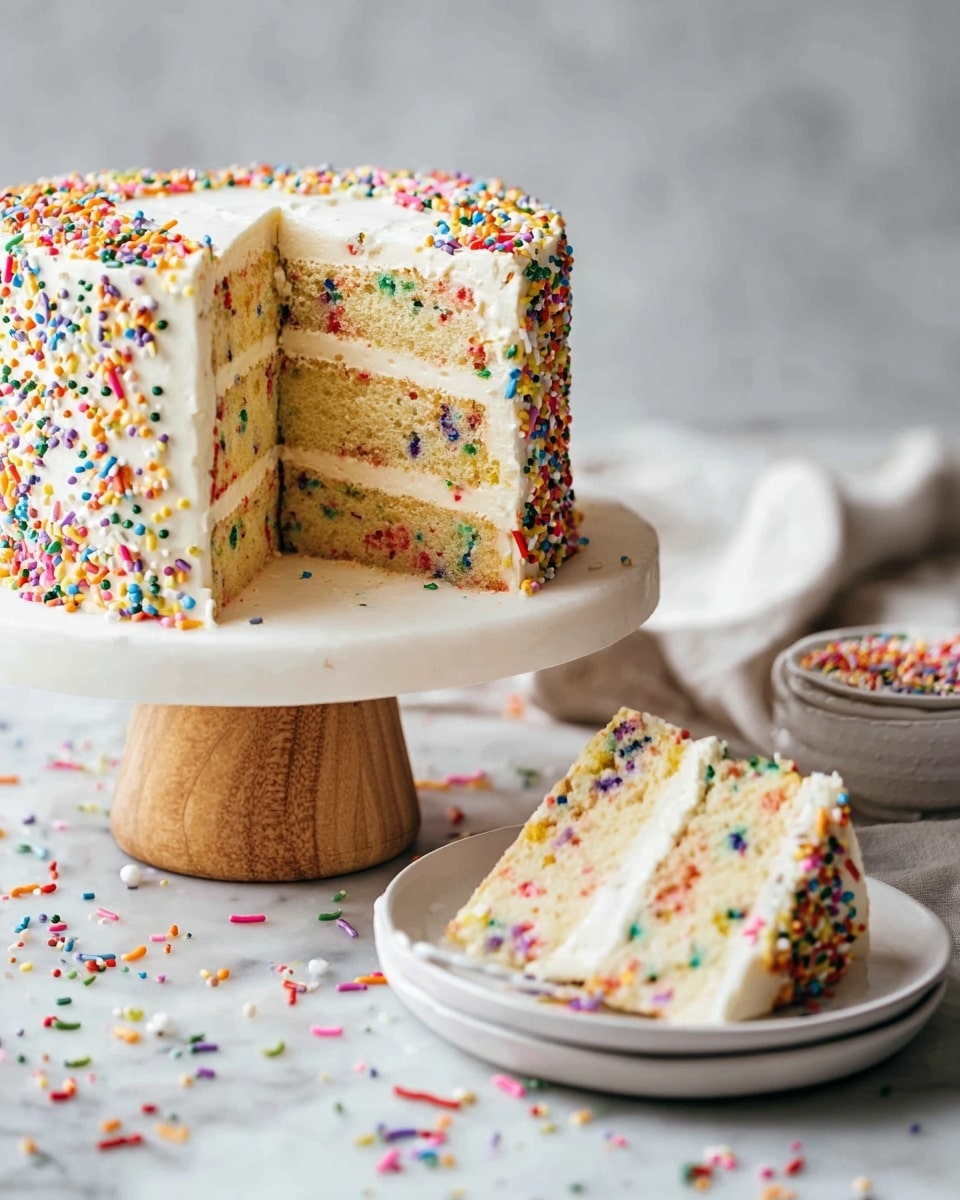 A round cake with two visible layers covered in white creamy frosting sits on a white cake stand with a wooden base; the frosting is smooth with a slightly swirled pattern on top. The cake is decorated with colorful rainbow sprinkles densely scattered on the top center and spread less thickly over the sides and base, with some sprinkles spilled on the cake stand and the white marbled surface below. A glass container of sprinkles is blurred in the background, adding a touch of color contrast. Photo taken with an iphone --ar 4:5 --v 7
