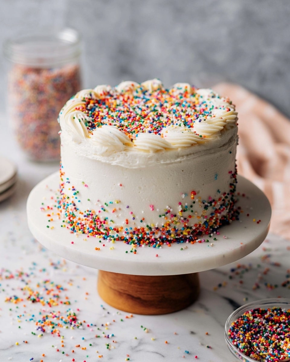A three-layer funfetti cake with pale yellow sponge dotted with colorful sprinkles inside, each layer separated by a smooth white frosting. The outside is fully covered in white frosting and decorated with a generous amount of multicolored round and rod sprinkles. One slice is cut and partly removed, showing the inside layers clearly, while that slice is placed on a small stack of white plates beside the cake. The cake sits on a white cake stand with a wooden base, all set on a white marbled surface scattered with sprinkles. Photo taken with an iphone --ar 4:5 --v 7