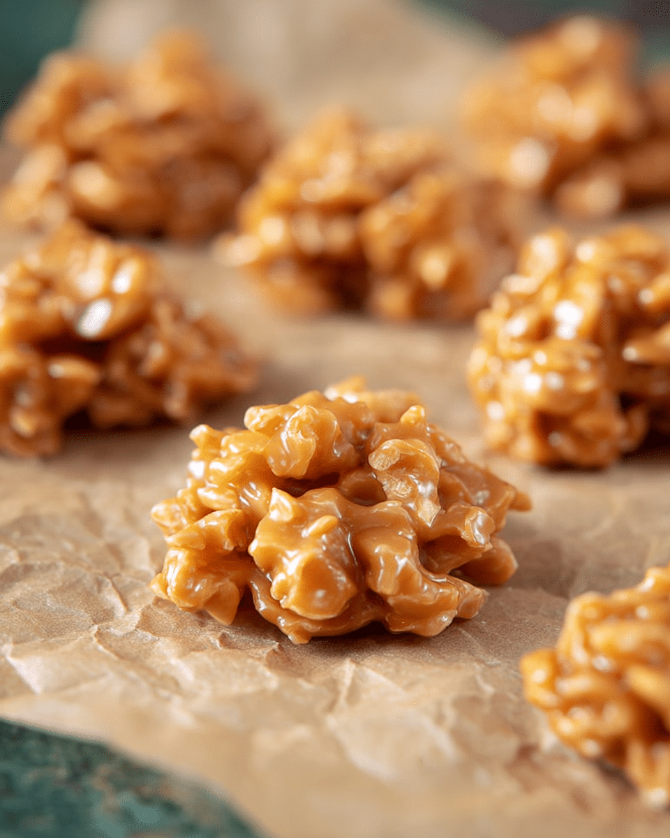 The image shows a close-up of a single cluster of caramel-colored, sticky nut and cereal mix on a piece of light brown parchment paper. The cluster has a glossy texture, with some stringy melted caramel strands visible, binding the irregularly shaped cereal pieces together. The background includes other blurred clusters on the parchment paper, which rests on a white marbled surface. photo taken with an iphone --ar 4:5 --v 7