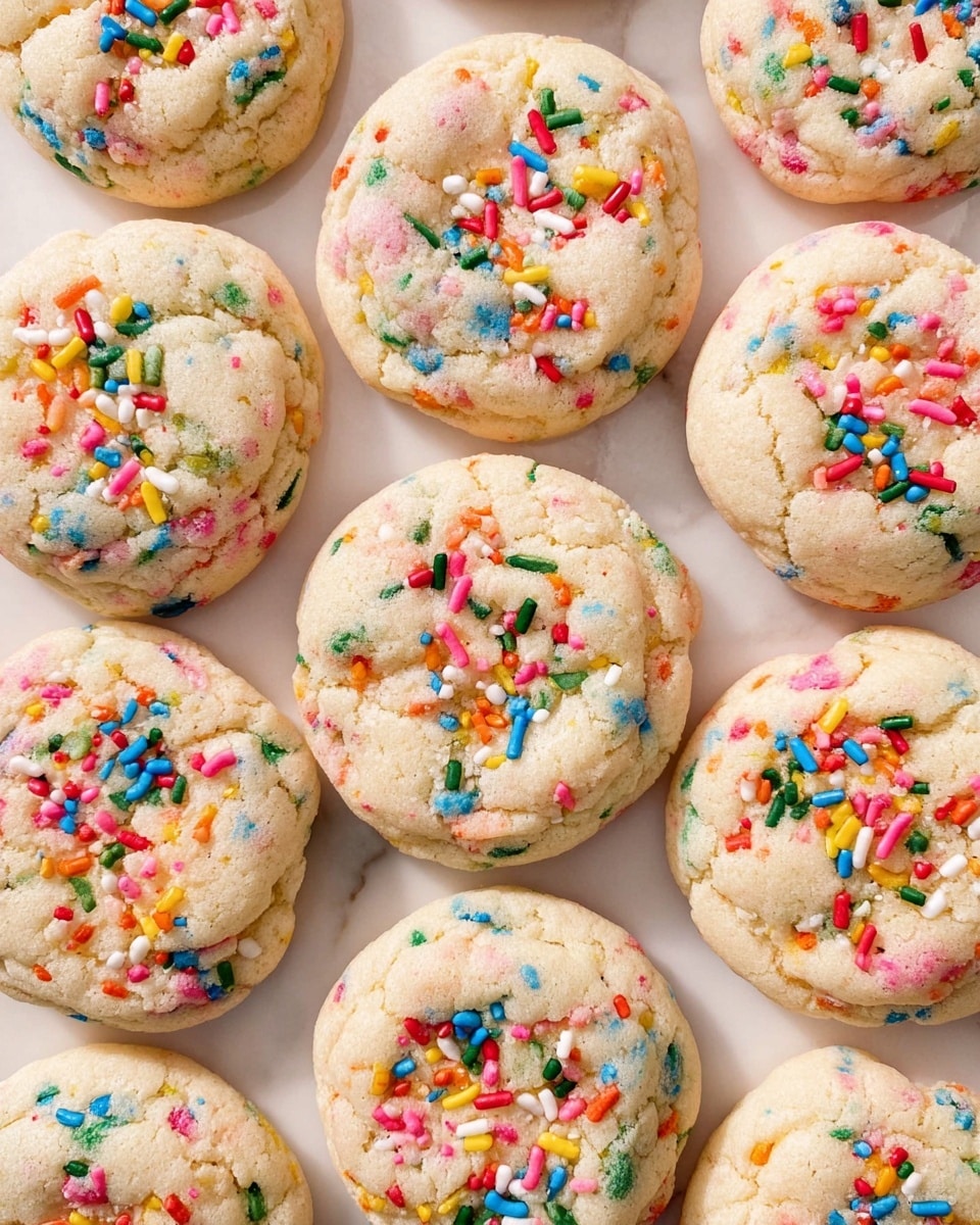 A white plate with blue floral patterns holds two thick, round cookies topped with colorful sprinkles scattered inside the dough and on top, showing a soft and slightly cracked texture. Behind it, a larger similar plate holds a stack of more of the same cookies, piled casually. To the right, a clear glass filled almost to the top with white milk stands on a white marbled surface, with some sprinkles scattered around the scene. A soft pink cloth is partially visible under the plates. photo taken with an iphone --ar 4:5 --v 7