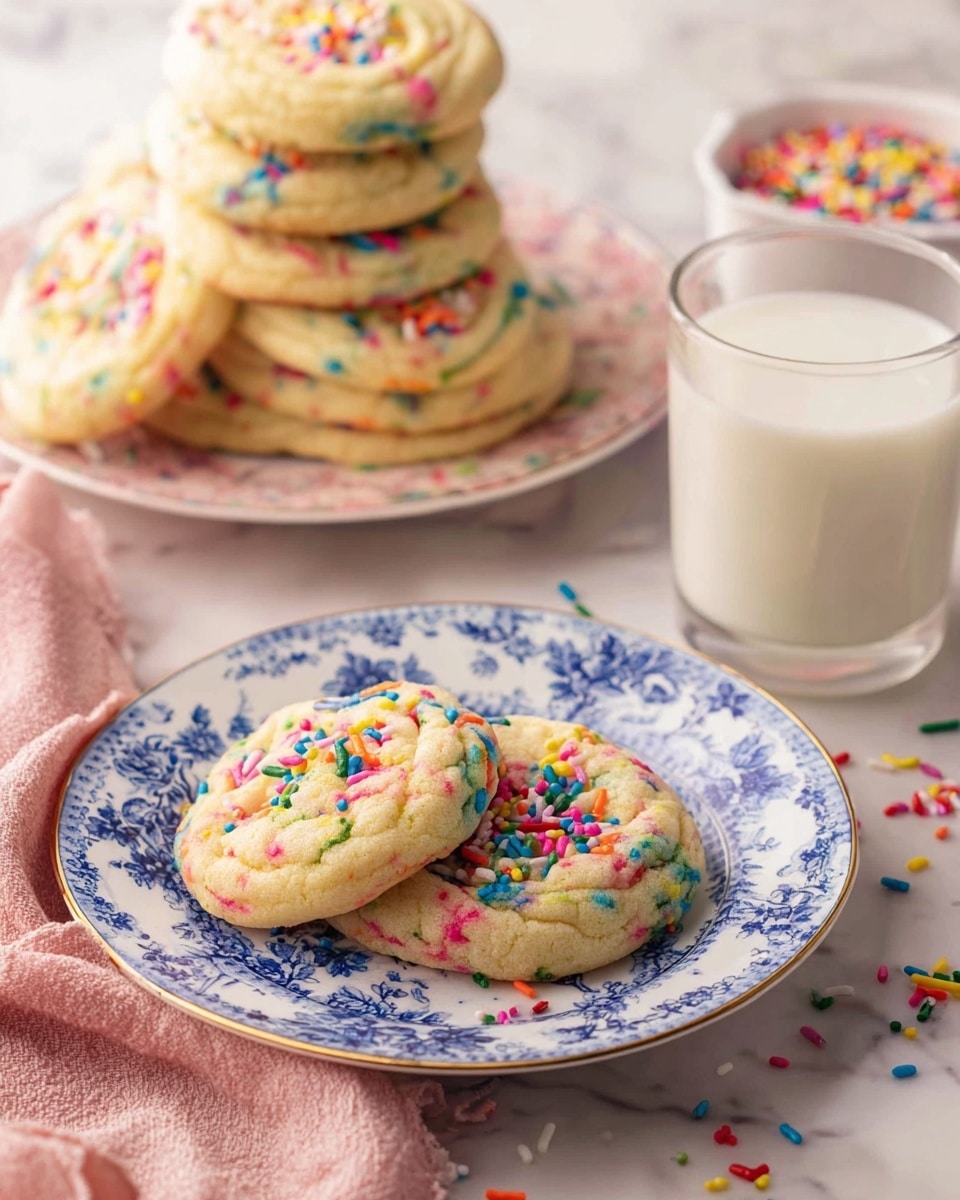 A group of soft, round cookies arranged close together on a white marbled surface, each cookie is pale cream in color with a soft, slightly cracked texture. They are decorated with colorful sprinkles scattered evenly on top, featuring bright red, blue, green, yellow, pink, and orange pieces. The cookies have a slightly thick and chewy appearance and are placed flat, filling the frame in a grid-like pattern. The lighting is bright and natural, highlighting the gentle crumb texture and vibrant sprinkles. photo taken with an iphone --ar 4:5 --v 7