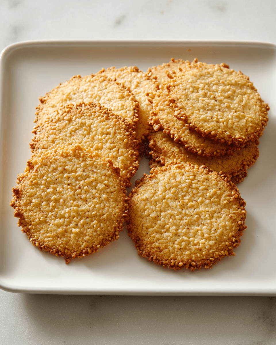 A white rectangular plate holds three small stacks of thin, round cookies arranged in groups of two or three. Each cookie is golden brown with a slightly rough texture made of visible small sesame seeds and a slightly crisp, lacy edge. The cookies have a uniform light brown color with some darker spots, making them look crunchy. The plate is placed on a white marbled surface, and the lighting creates soft shadows around the cookies. photo taken with an iphone --ar 4:5 --v 7