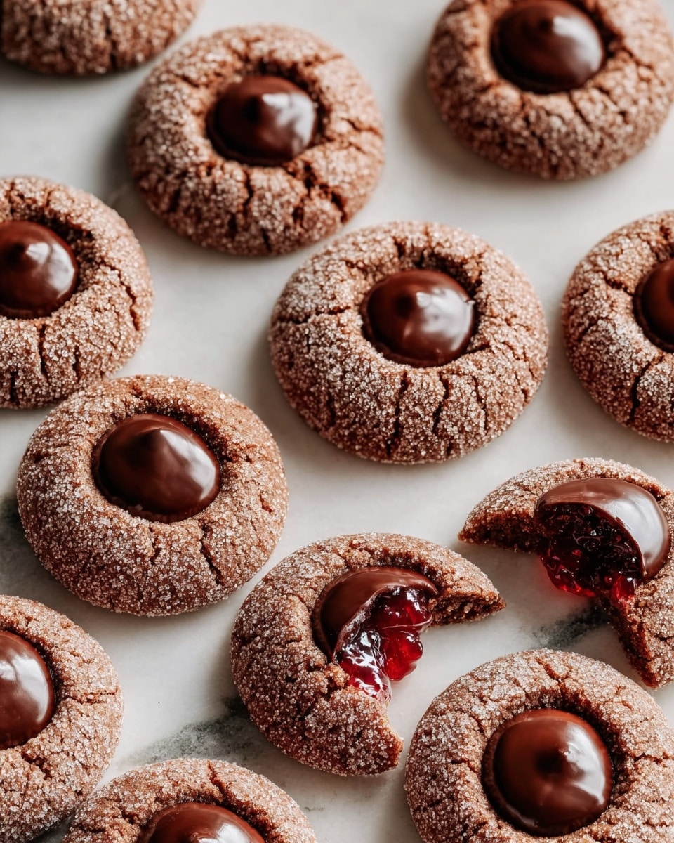 A group of round thumbprint cookies covered in sugar with a cracked, rough texture and deep brown color, each having a smooth, glossy dark chocolate filling in the center that looks soft and slightly shiny. One cookie near the bottom is broken, revealing a layer of red jam beneath the chocolate. The cookies are arranged closely on a surface with a white marbled texture, showing soft shadows that suggest natural lighting. Photo taken with an iphone --ar 4:5 --v 7