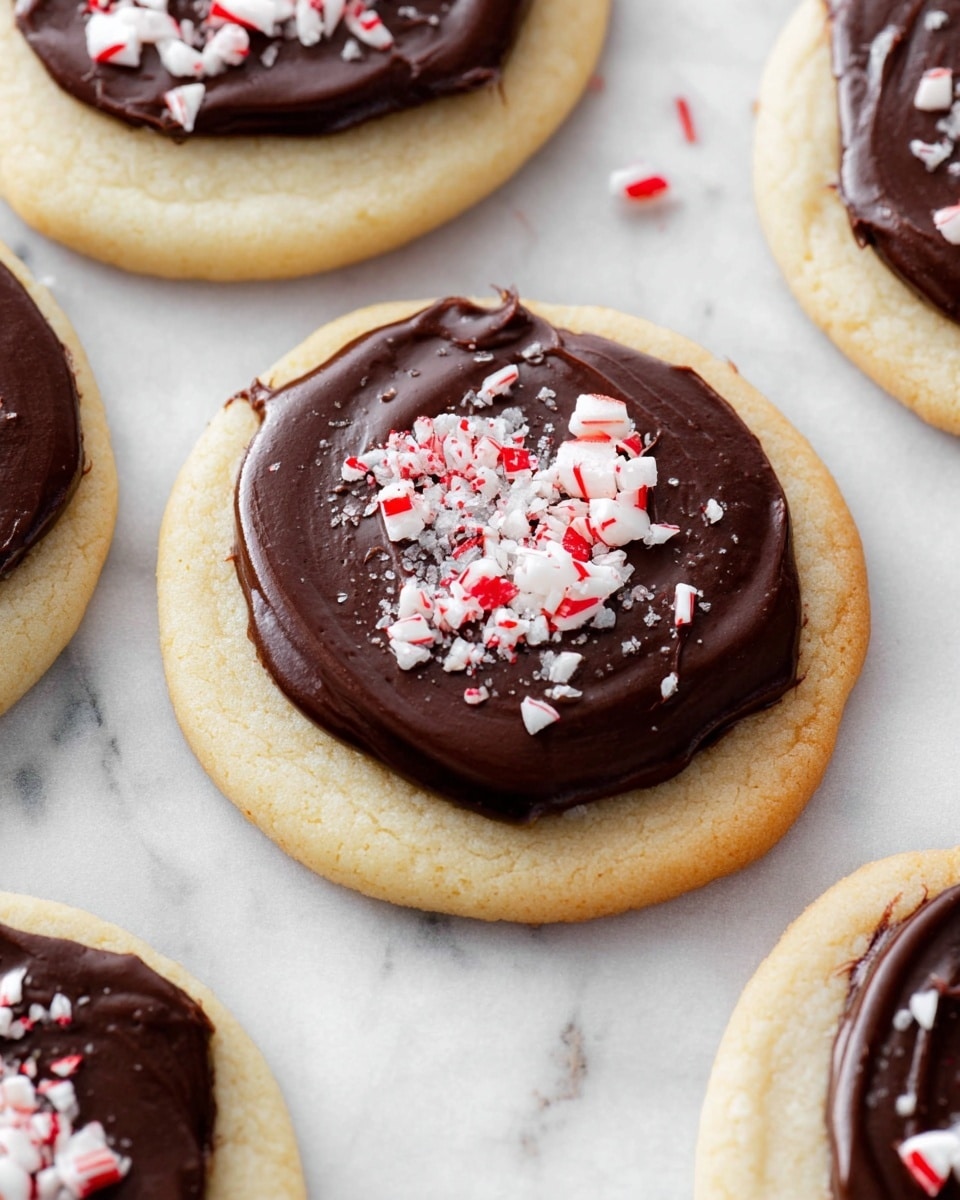 The image shows several round sugar cookies placed on a white marbled surface. Each cookie has a light golden beige base with a smooth texture. One cookie in the center is topped with a thick layer of dark, glossy chocolate frosting that spreads unevenly but mostly covers the top. Sprinkled on the chocolate are small pieces of white and red crushed peppermint candy, adding a touch of color and texture contrast. The cookies are arranged close together, with some partially visible at the edges. photo taken with an iphone --ar 4:5 --v 7