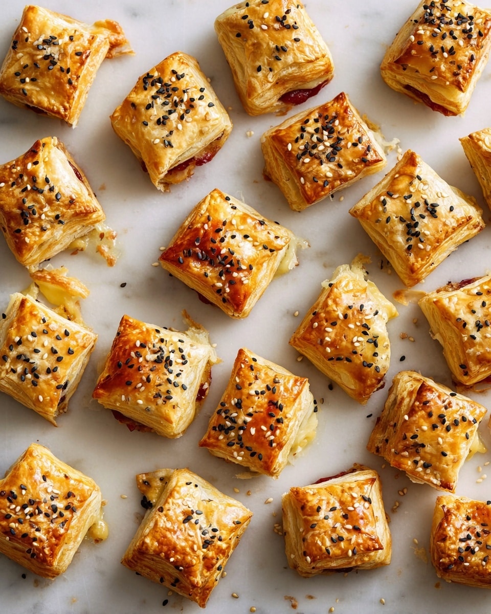 Small square puff pastry bites are scattered on a white marbled surface, each piece showing two to three flaky golden brown layers. The top layer is sprinkled with black and white sesame seeds, adding texture and color contrast. Between the layers, there is a visible spreading of red jam and creamy light yellow cheese that slightly oozes out from the sides, giving a mix of smooth and sticky textures. The pastries are unevenly spaced, creating a casual, inviting look. photo taken with an iphone --ar 4:5 --v 7