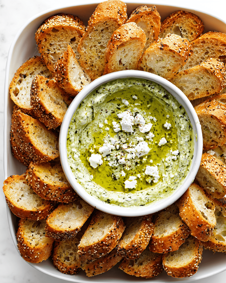 A white rectangular dish filled with many slices of round bread coated with sesame seeds, arranged around a white bowl in the center. Inside the bowl, there is a creamy, light green dip with visible small herb specks, swirled with a glossy olive oil layer on top, and sprinkled with crumbled white cheese and black pepper. The bread slices are golden brown and crunchy textured, while the dip looks smooth and thick. The background is a white marbled texture photo taken with an iphone --ar 4:5 --v 7