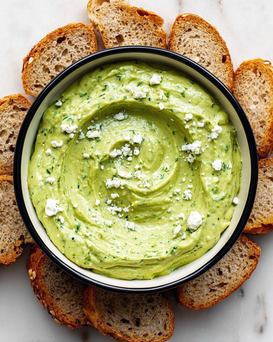 A white bowl with a black rim holds a creamy green spread that has a smooth and slightly chunky texture with visible small green herb flecks throughout. The spread is swirled in a spiral pattern and topped with small white crumbles scattered across the surface. Surrounding the bowl is a ring of sliced multigrain bread pieces with a light brown crust, visible seeds, and a soft, porous interior. The whole scene is set on a white marbled surface. photo taken with an iphone --ar 4:5 --v 7