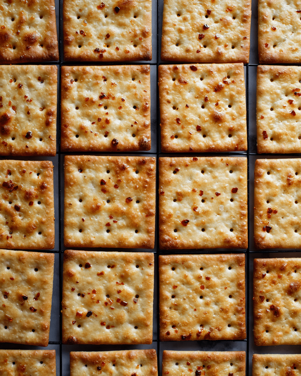 A small white bowl filled with four square crackers stacked unevenly inside it, each cracker has a golden-brown color with some darker toasted spots and visible small holes; the crackers appear crispy with a slightly rough texture, and the bowl is placed on a white marbled surface with some small cracker crumbs scattered nearby, the focus is on the top crackers with a warm light enhancing their toasted details. photo taken with an iphone --ar 4:5 --v 7