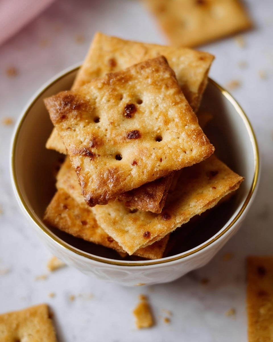 The image shows a close-up view of a grid of about 24 square crackers, arranged in four rows and six columns. Each cracker is light golden-brown with small, evenly spaced holes and a slightly rough surface. Many crackers have a toasted texture with darker brown spots scattered unevenly, giving a crispy look. The lighting highlights the uneven, crunchy texture with some visible seasoning specks in reddish-brown and black tones. The crackers rest on a black wire cooling rack, and the background is a white marbled texture. photo taken with an iphone --ar 4:5 --v 7