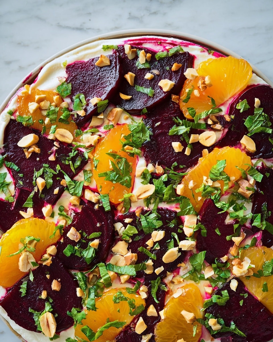 This dish shows several layers starting with a smooth creamy white base spread on a white plate, topped with deep purple beet slices that have a shiny, slightly wet texture. Bright yellow-orange segments of fruit are scattered on top, each juicy and slightly translucent. Small off-white nuts are sprinkled throughout, adding a crunchy texture next to the fresh green herbs finely chopped and spread all over. The whole presentation sits on a white marbled surface with light veins showing through. photo taken with an iphone --ar 4:5 --v 7