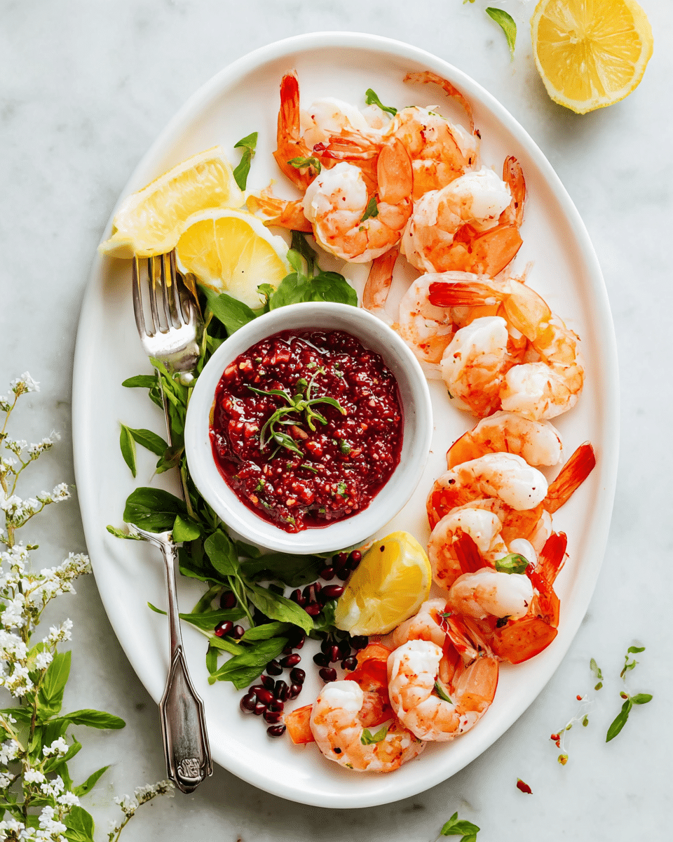 A white oval plate holds a ring of peeled shrimp with orange and white colors, arranged around a small white bowl filled with a deep red textured sauce containing visible seeds and topped with green leaves. The shrimp rest on a few scattered dark berries and small green leaves. On the side, there are two yellow lemon wedges and a small bunch of mixed green herbs with a mix of long and rounded leaves. A silver fork rests on the left side of the plate touching the shrimp and lemon. The setting is on a white marbled surface with a few small green leaves and white flowers scattered around. photo taken with an iphone --ar 4:5 --v 7