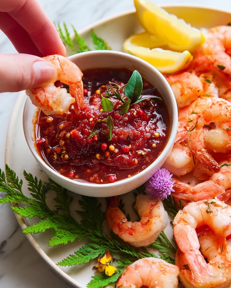 A white bowl is filled with chunky red sauce that has a rough texture, small red peppercorns, and green herb leaves on top, next to a purple flower and small yellow flower petals. The bowl sits on a white plate surrounded by pinkish-orange cooked shrimp, some with tails on, arranged around green fern-like leaves and lemon wedges with yellow rind and juicy segments. A woman's hand is dipping a shrimp into the sauce. The whole setup is on a white marbled surface. photo taken with an iphone --ar 4:5 --v 7