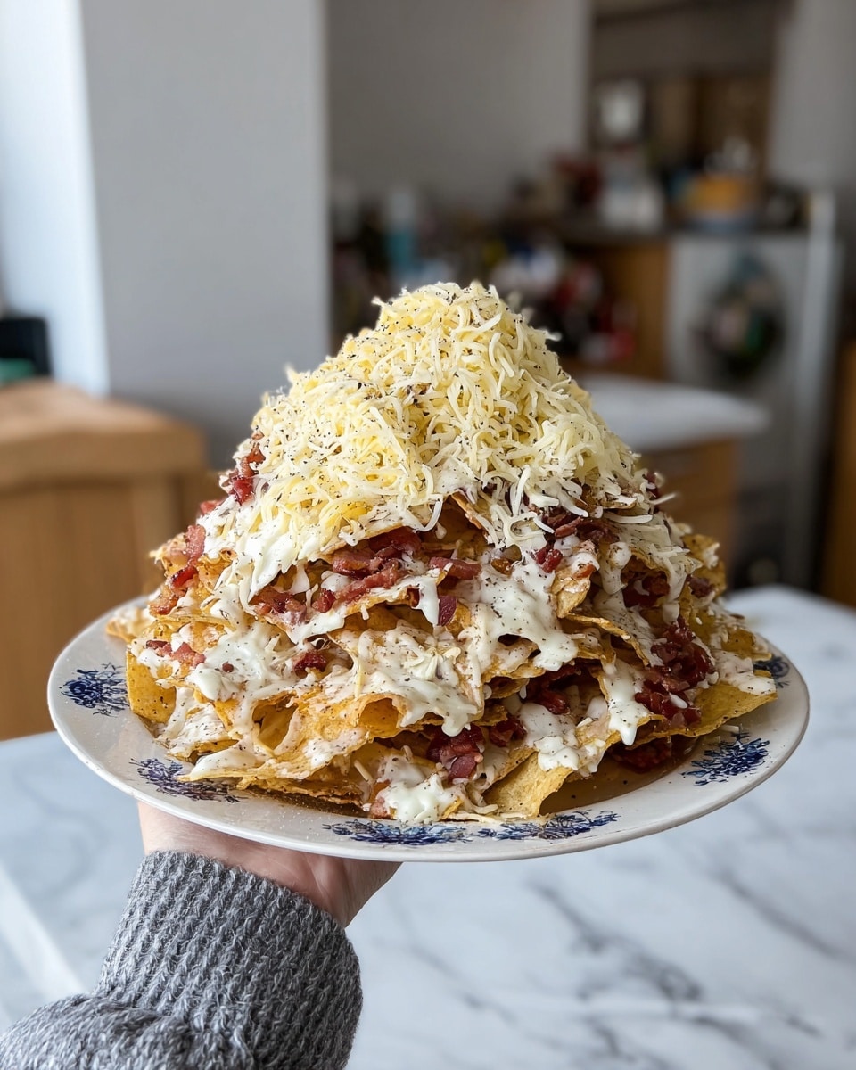 A large pile of layered nachos is shown on a white plate with blue floral patterns, held by a woman's hand wearing a grey sweater. The bottom layer is made of crispy, golden potato chips, mixed with thin, curled red pieces of bacon spread evenly. On top, there is a thick layer of creamy white sauce drizzled generously, followed by more bacon pieces. The top layer is a mound of finely shredded white cheese mixed with yellow cheese shreds and a light sprinkle of black pepper. The background features a soft-focus indoor kitchen with a white marbled surface visible beneath the plate. photo taken with an iphone --ar 4:5 --v 7