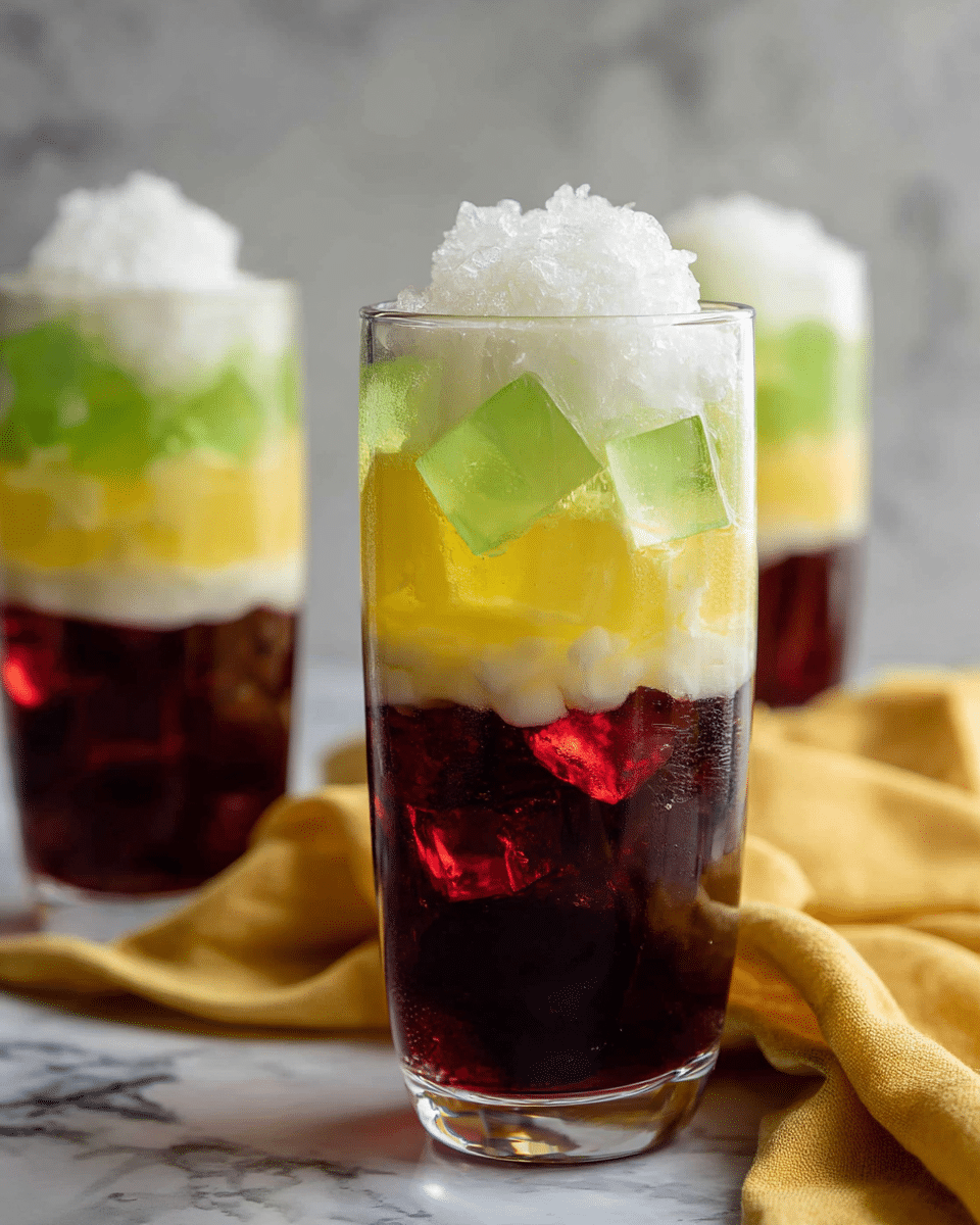 The image shows three tall clear glasses with four colorful layers inside each. The bottom layer is a dark red jelly with a shiny, slightly chunky texture. Above it is a thick yellow layer that looks smooth and creamy. The next layer is bright green jelly pieces, which appear translucent and cubed. The top layer is white and fluffy, suggesting whipped or shaved ice. The glasses sit on a white marbled surface, with one glass in the front and the other two blurred in the background. A yellow cloth is spread near the front glass. Photo taken with an iphone --ar 4:5 --v 7