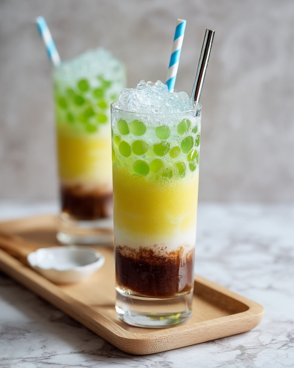 A tall clear glass shows a drink with four layers on a white marbled surface. The bottom layer is dark brown and thick, sitting at the base. Above that is a bright yellow layer with a soft, smooth texture. On top of the yellow layer is a bright green layer made of jelly pieces that look shiny and firm. The top layer is white and foamy with crushed ice covering it. Two straws, one blue with white stripes and one metallic, are placed inside the glass. Another similar glass is behind the first, both on a light wooden tray. Photo taken with an iphone --ar 4:5 --v 7