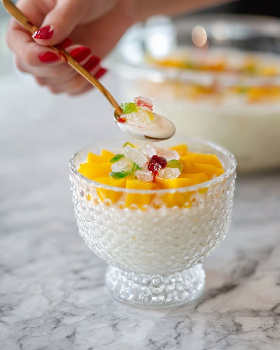 A clear glass dessert dish with a textured bubble pattern holds a layered sweet treat. The bottom layer is white and creamy, topped by bright yellow mango slices arranged in a ring. On top of the mango are small pieces of translucent jelly and red and green bits that look like candied fruits. A woman's hand with red nail polish holds a golden spoon above the dish, scooping a bit of the white creamy layer. The dish is placed on a white marbled surface, with a blurred glass bowl of the same sweet treat visible in the background. Photo taken with an iphone --ar 4:5 --v 7