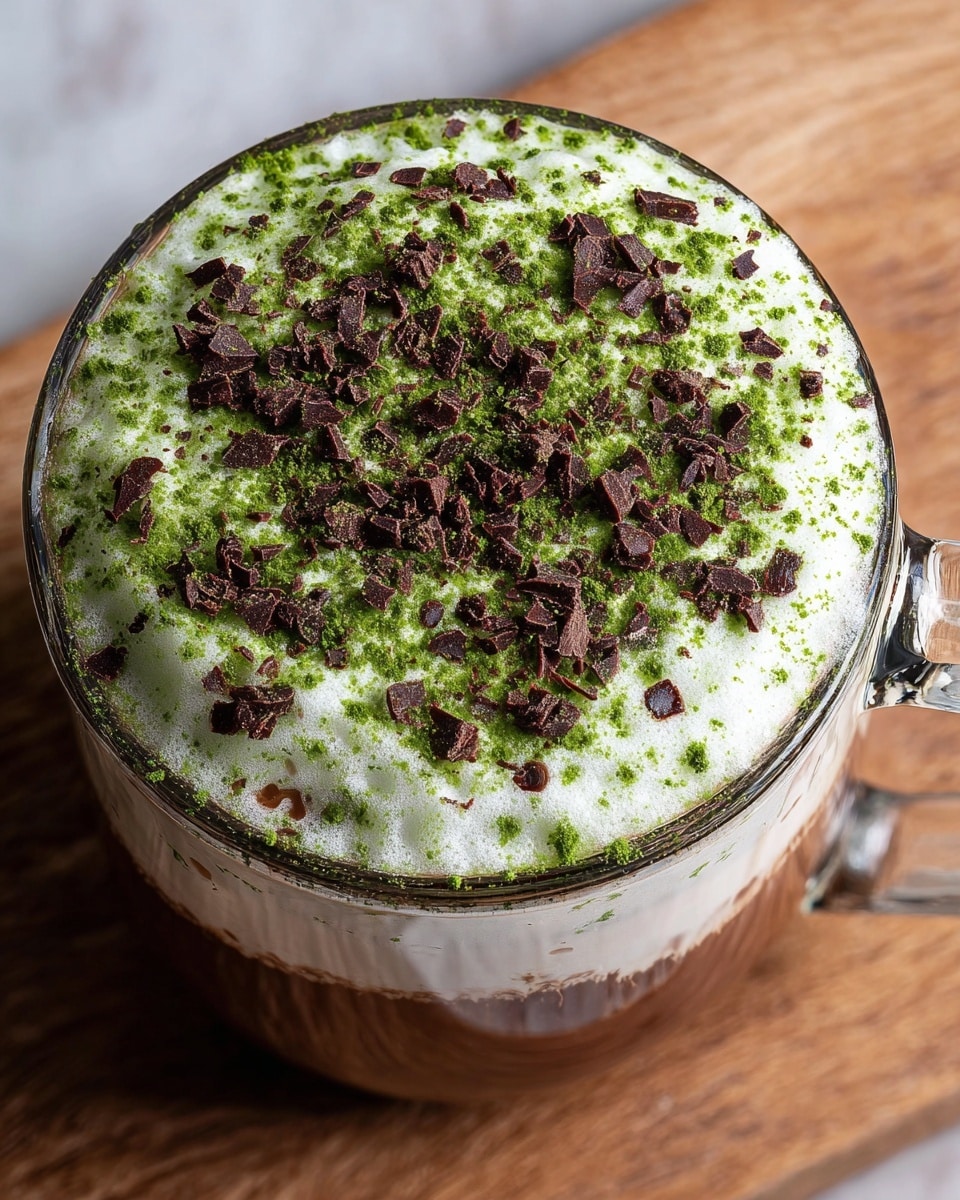 A clear glass cup filled with a dark brown chocolate drink forming the base layer, topped with a thick white frothy cream layer that covers the top surface. On the cream, there's a layer of green powder evenly sprinkled with scattered dark brown chocolate shavings. The cup with a handle is placed on a surface with a white marbled texture visible at the top right, while the rest is a wooden board with geometric patterns. photo taken with an iphone --ar 4:5 --v 7