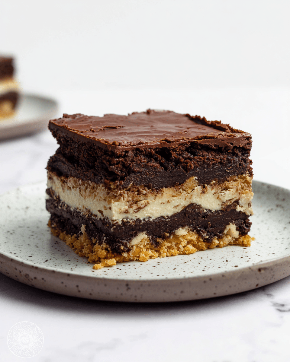 A thick slice of layered dessert sits on a white plate with a gray speckled rim, placed on a white marbled surface. The dessert has four distinct layers: the top and bottom layers are dark brown and dense, looking like rich, fudgy brownie with a slightly cracked texture; the second and fourth layers are pale and smooth, resembling a creamy white filling; the middle layer is crumbly and golden brown with small pieces and a rough texture, possibly a crunchy filling. The layers contrast clearly, creating a visually rich square piece. Photo taken with an iphone --ar 4:5 --v 7