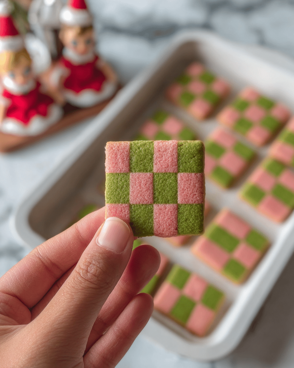 The image shows a close-up of a small rectangular checkerboard cookie held between the thumb and forefinger of a woman's hand. The cookie has a two-layer checkerboard pattern made of alternating pink and green squares, with four rows and three columns visible. In the background, a white baking tray contains more of these square checkerboard cookies neatly arranged in rows. The tray sits on a white marbled surface with two blurred doll-like figurines visible in the far background. Photo taken with an iphone --ar 4:5 --v 7
