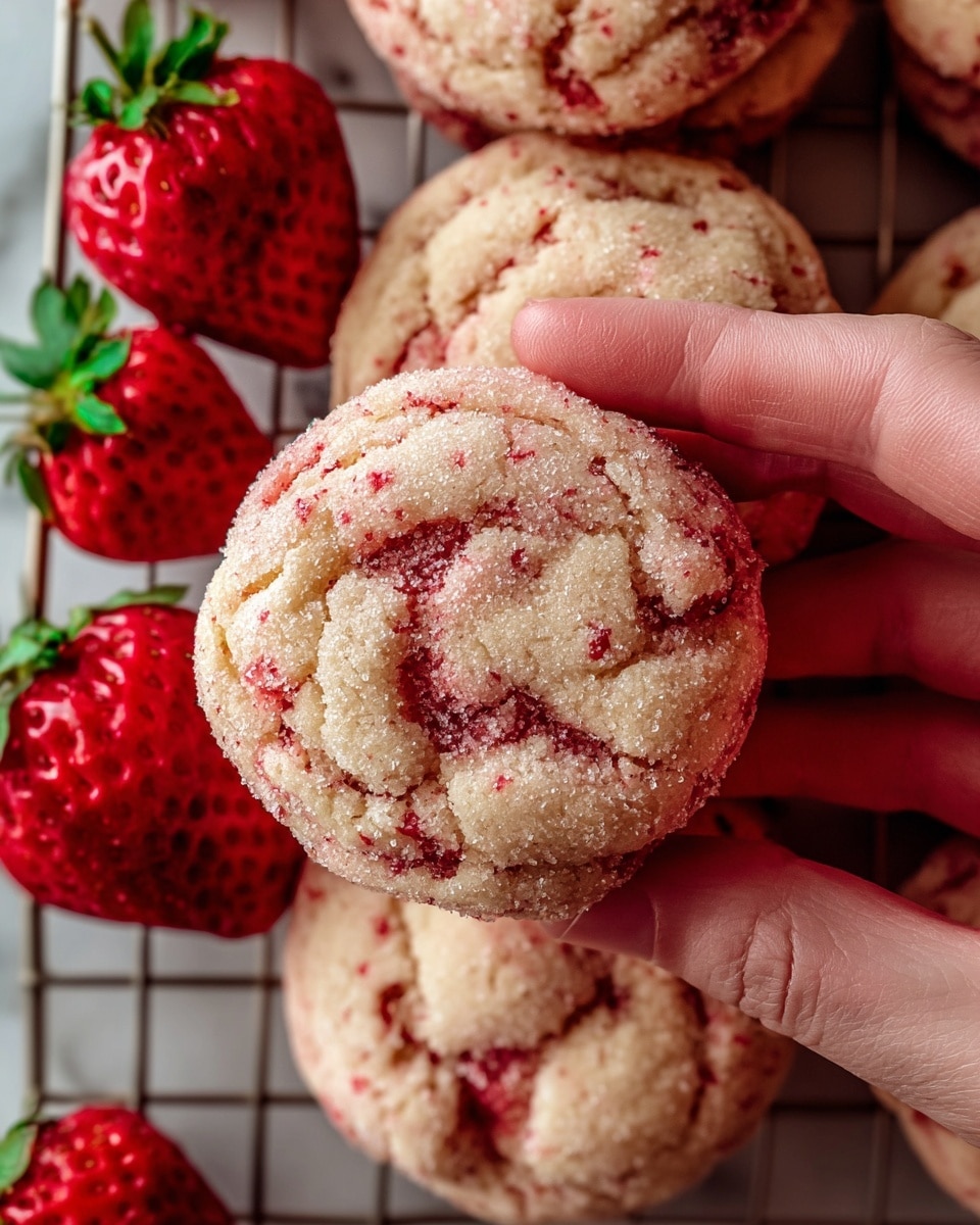 A close-up shows a woman's hand holding a soft-looking round cookie with a sandy texture covered in fine sugar and tiny red specks throughout, suggesting strawberry flavor. The cookie has a slight crackled surface with a deeper red spot center. Other similar cookies lie stacked beneath it on a wire rack, and two bright red strawberries with green leaves rest on top of the cookies. The whole setup is on a white marbled textured surface. photo taken with an iphone --ar 4:5 --v 7