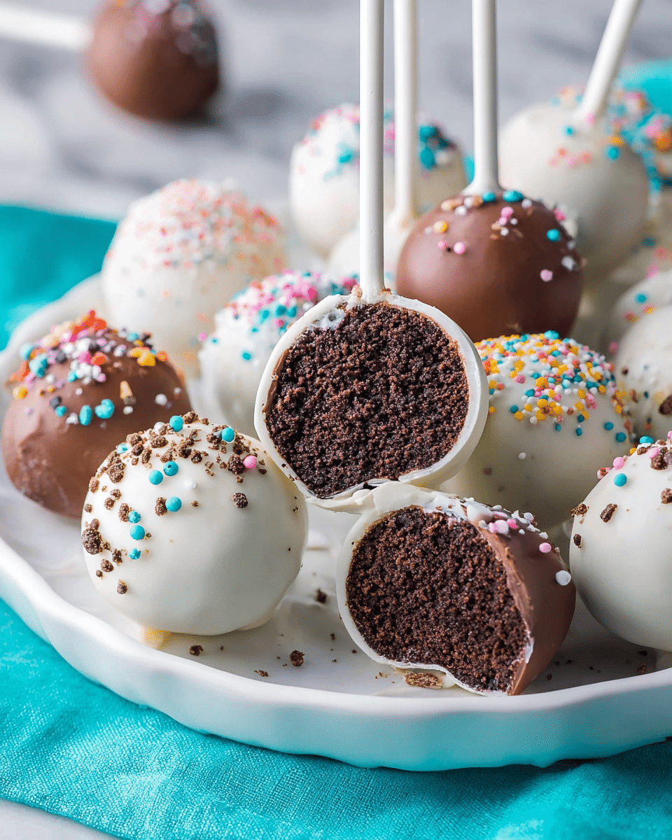 The image shows a white plate filled with cake pops arranged closely together. There are two main types of cake pops: some coated in smooth white chocolate, decorated with small colorful round sprinkles, and others covered in milk chocolate with a texture of crushed cookie crumbs on the lower half and colorful sprinkles near the bottom. One white-coated cake pop is bitten, revealing a dark, moist chocolate cake center with a rough texture. All cake pops have white sticks, and the plate rests on a bright turquoise cloth on a white marbled background. photo taken with an iphone --ar 4:5 --v 7