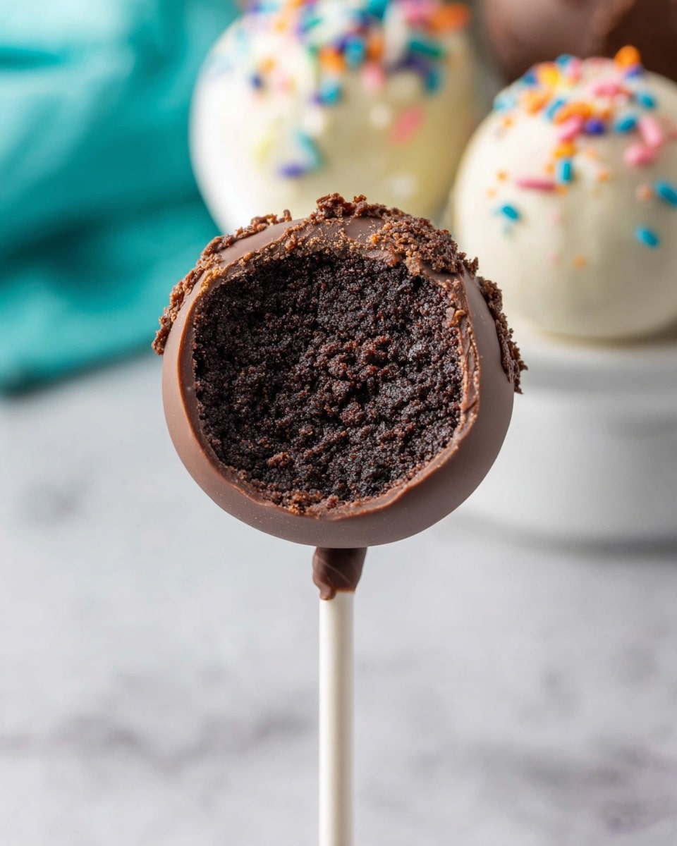 A round chocolate cake pop with a dark, dense, and moist chocolate crumb center is shown on a white stick. The outer layer is a smooth, thick chocolate coating that fully covers the cake inside, with some slight cracks revealing the texture beneath. In the blurred background, there is a white cake pop covered in white frosting and topped with small colorful sprinkles, all set on a white marbled surface with a turquoise cloth slightly visible. Photo taken with an iphone --ar 4:5 --v 7