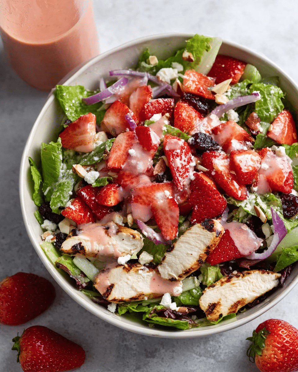 A white bowl filled with a fresh salad showing several layers: the bottom layer is green romaine lettuce with a crisp texture, scattered with slices of grilled chicken breast that are white with light brown grill marks; mixed within are thin slices of purple onion and small pieces of dark dried fruit, likely cranberries; the middle layer contains bright red sliced strawberries spread evenly throughout the salad; the top layer is drizzled with a pink dressing that adds a creamy texture, and sprinkled with small white cheese crumbles and thin light brown almond slices. Around the bowl on a white marbled surface, halved strawberries are placed, and a bottle of the same pink dressing is slightly visible in the top right corner. photo taken with an iphone --ar 4:5 --v 7