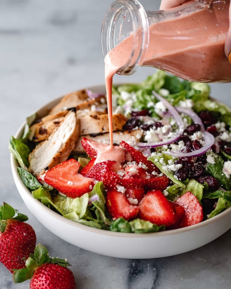 A white bowl filled with a colorful salad sits on a white marbled surface. The bottom layer has fresh green lettuce leaves with a crisp texture. On top are thick, juicy red strawberry slices, dark purple dried cranberries, and thin slices of grilled chicken with a light brown sear. There are also thin slices of red onion and some white crumbled cheese sprinkled all over. A woman's hand is pouring a pink creamy dressing from a glass bottle over the salad, adding a smooth and rich texture. Some strawberry halves and green leaves are scattered on the marbled surface near the bowl. Photo taken with an iphone --ar 4:5 --v 7