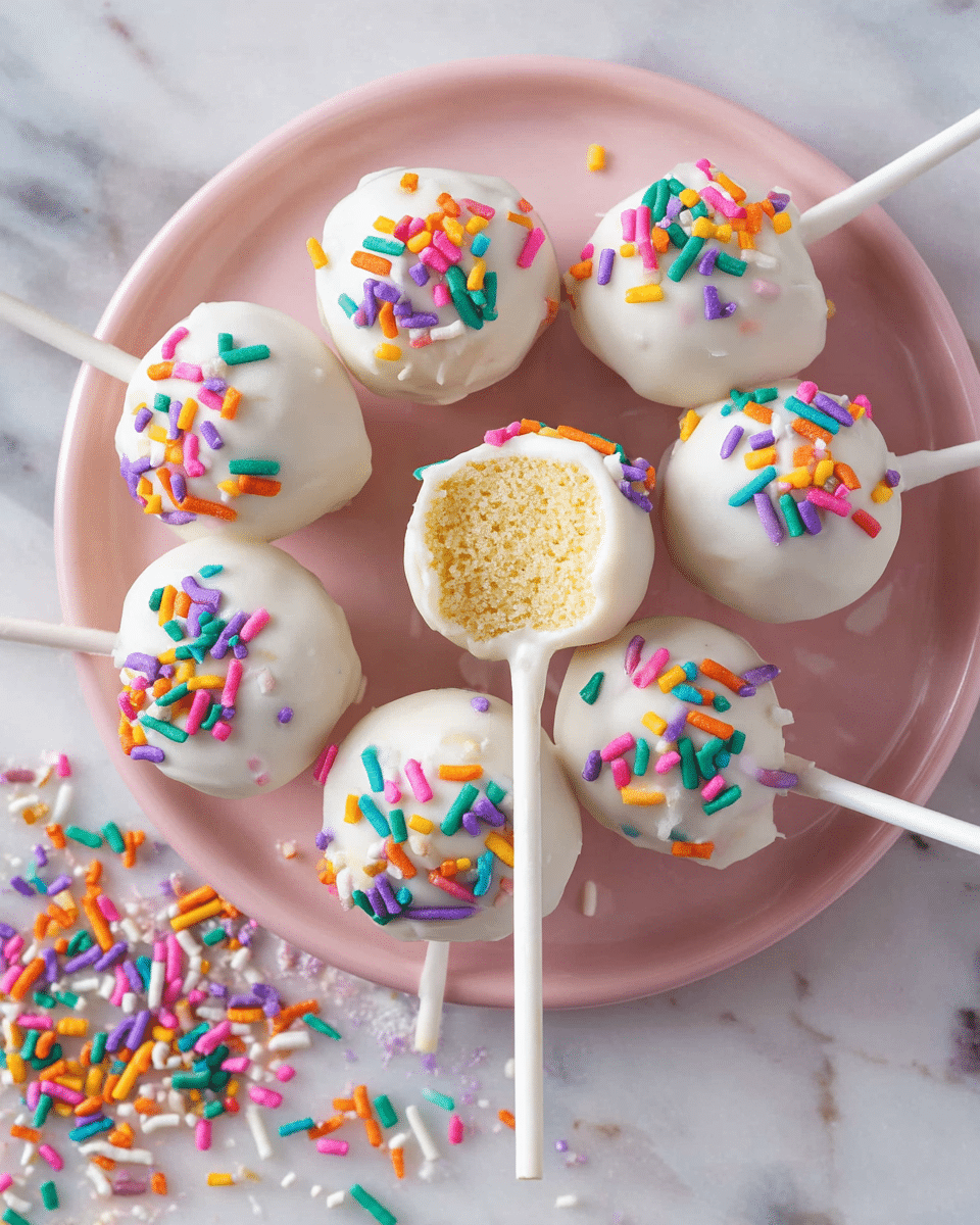 A light pink plate holds eight white cake pops covered in smooth white icing, each sprinkled with colorful, small cylindrical sprinkles in green, purple, orange, blue, pink, yellow, and red. One cake pop has a bite revealing a moist golden-yellow cake inside. The cake pops are on white sticks, arranged in a loose circle on the plate. Below the plate and around it lies a scattering of the same colorful sprinkles on a surface with a white marbled texture. photo taken with an iphone --ar 4:5 --v 7
