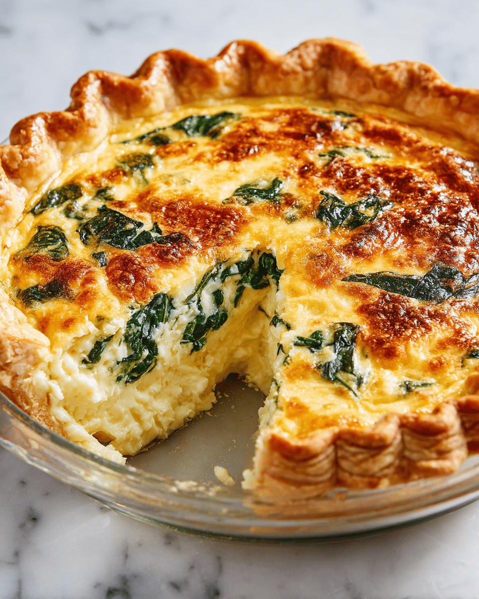 A round pie with a golden, thick, flaky crust that has a wavy edge sits on a clear glass dish. The pie filling has two layers: the bottom layer is a creamy, pale yellow egg mixture, and the top layer is dotted with dark green spinach leaves spread evenly across the surface. One slice is cut and slightly pulled out, showing the same creamy filling with spinach inside. The pie is placed on a white marbled surface. photo taken with an iphone --ar 4:5 --v 7