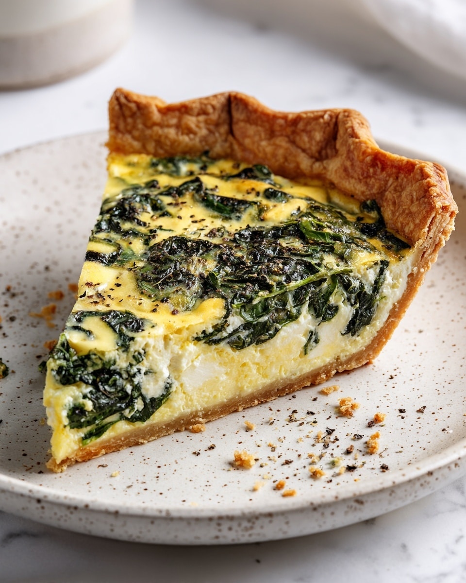 A single slice of spinach quiche sits on a white plate with a speckled edge, placed on a white marbled surface. The slice has two main layers: the bottom golden, crumbly crust with a thick, folded edge, and the top layer of creamy yellow egg mixture speckled with dark green spinach leaves evenly spread throughout. There are small crumbs scattered around the slice on the plate, along with tiny specks of black pepper on the surface of the quiche. The texture of the crust looks flaky, while the egg and spinach layer appears soft and moist. photo taken with an iphone --ar 4:5 --v 7