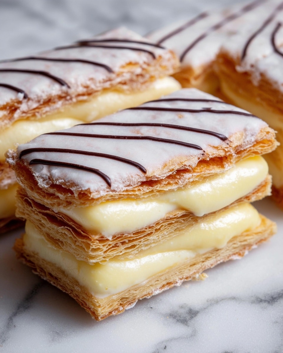The image shows a close-up of a mille-feuille pastry consisting of three main layers of thin, flaky, light golden puff pastry separated by two thick layers of smooth, pale cream filling. The top pastry layer is covered in a shiny white icing decorated with thin, wavy chocolate brown lines. The pastry rests on a white marbled surface, with parts of other similar pastries blurred in the background. Photo taken with an iphone --ar 4:5 --v 7