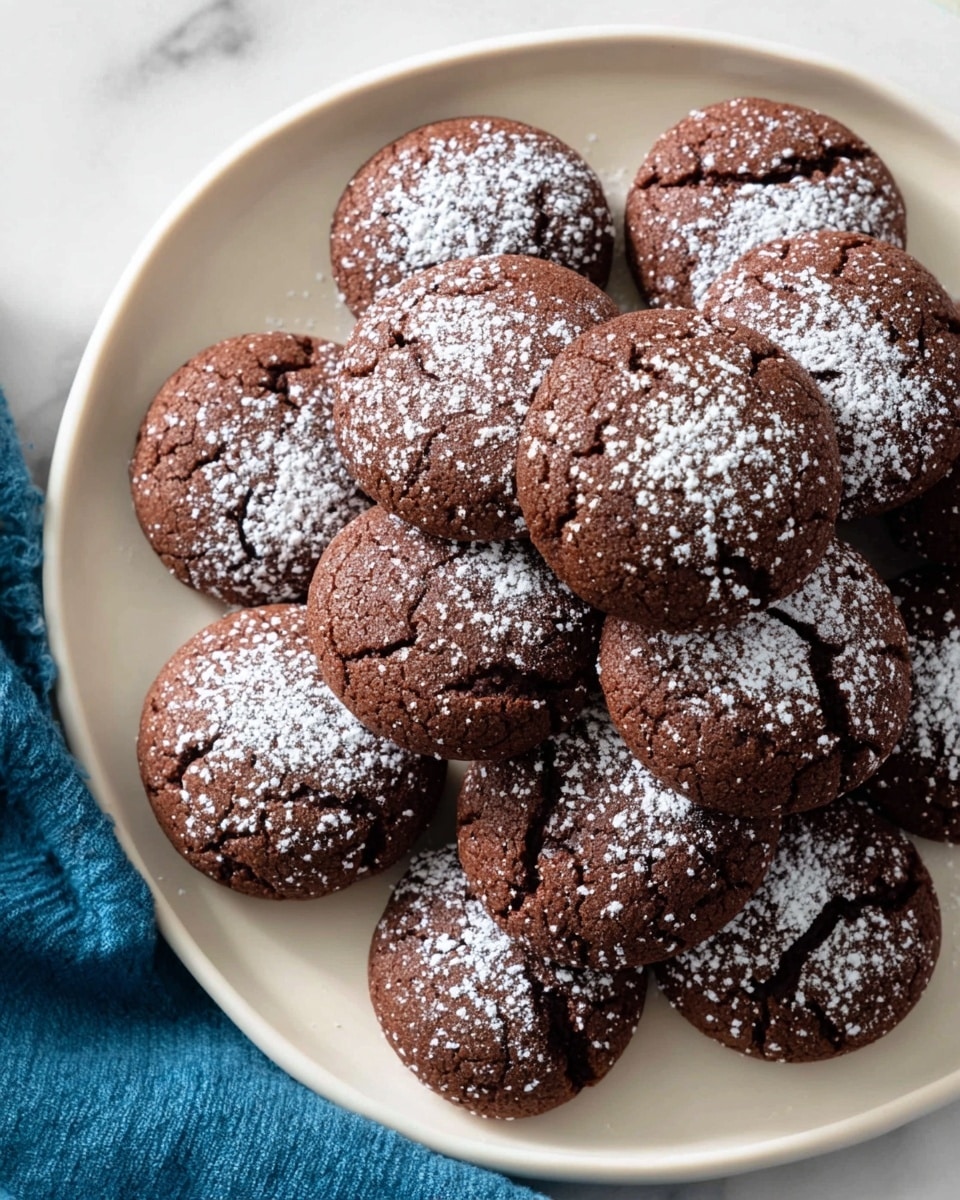 The image shows a white plate filled with round chocolate cookies that have a slightly cracked surface and a dusting of powdered sugar on top. One cookie is placed on top of the others and is cut in half, showing a dense, moist, and crumbly chocolate interior with a rich brown color. The plate sits on a white marbled surface, and a soft, dark blue cloth with white trim is blurred in the background. photo taken with an iphone --ar 4:5 --v 7