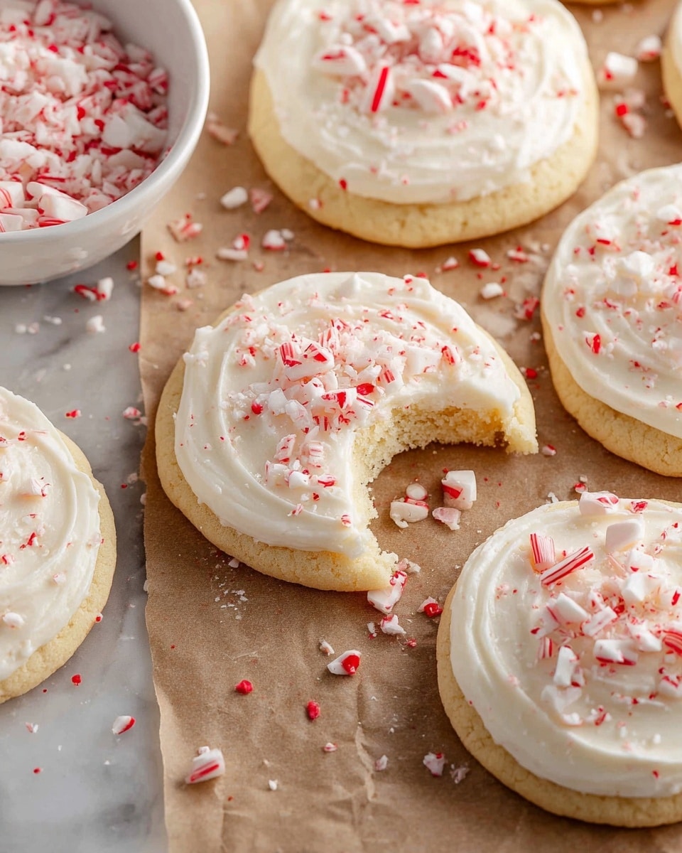 The image shows several round sugar cookies with three visible layers: a light golden base, a fluffy white cream frosting swirled smoothly on top, and small crushed pieces of red and white peppermint candy sprinkled over the frosting. One cookie in the center has a bite taken out, showing the soft, crumbly inside. The cookies are placed closely on a sheet of brown parchment paper, with extra crushed peppermint candy scattered around them. A white bowl filled with more crushed peppermint candy is seen at the top left corner, partially in frame. The background is a white marbled texture. photo taken with an iphone --ar 4:5 --v 7