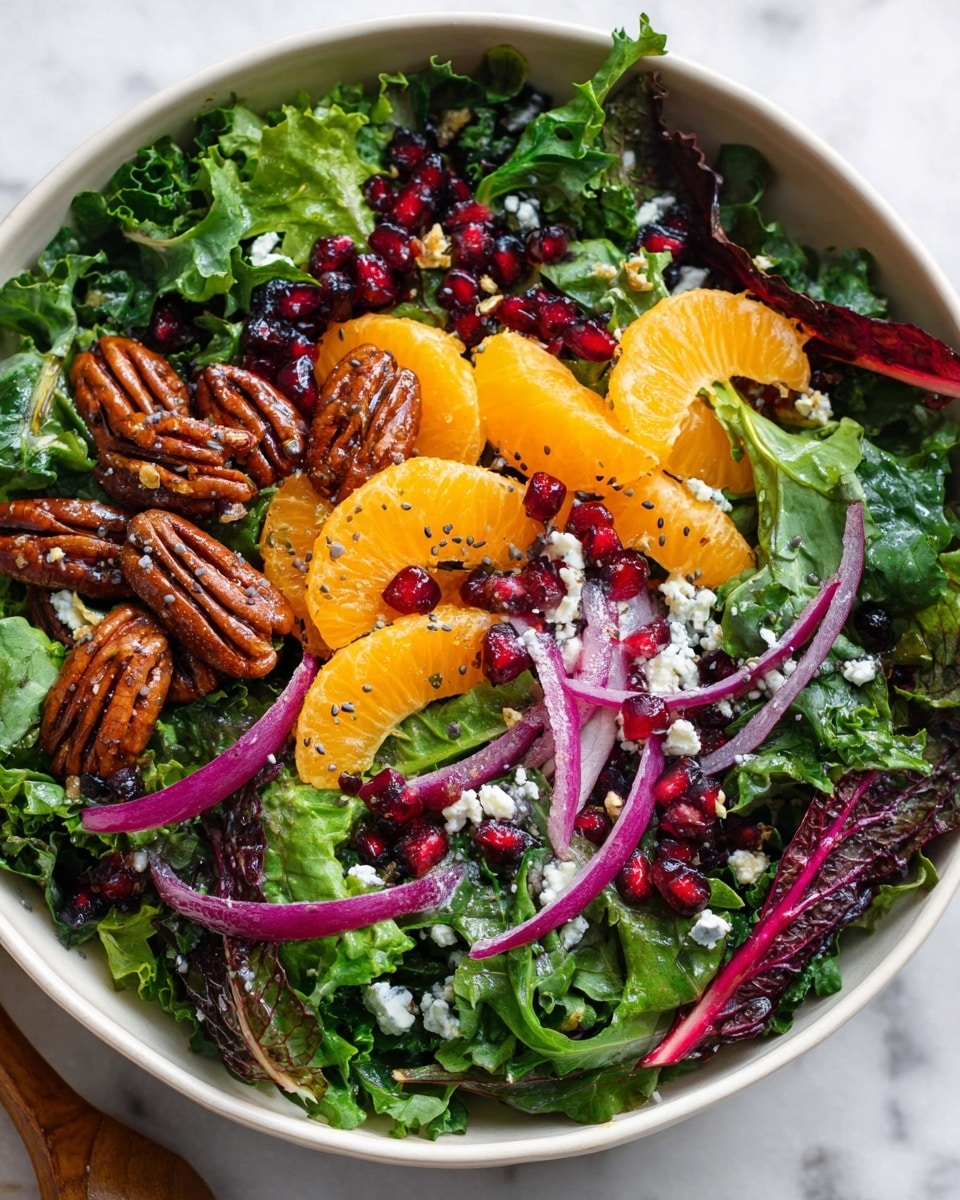 The image shows a salad in a white bowl on a white marbled surface. The base layer is made up of fresh green and dark leafy mixed greens with a slightly rough texture. On top of these greens, there are bright orange mandarin slices scattered evenly, adding a smooth, juicy layer. Thin slices of purple onion, slightly curved, are placed across the salad, adding color contrast and texture. Glossy, dark brown, grilled pecans are dotted throughout, adding a rough, crunchy element. Small white chunks of crumbly cheese are sprinkled lightly over the salad, with pomegranate seeds giving bright red, glossy pops of color scattered on top. Photo taken with an iphone --ar 4:5 --v 7