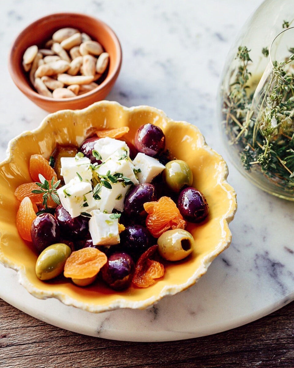 The image shows a bright yellow bowl filled with a mix of dark purple and green olives, alongside small orange pieces, likely dried fruit. On top, there are three white cheese cubes garnished with fresh green herbs. The bowl sits on a white marbled surface, and to the left, there is a small white bowl with pistachio nuts. In the background to the right, a clear glass is slightly visible, containing a light-colored drink. Photo taken with an iphone --ar 4:5 --v 7
