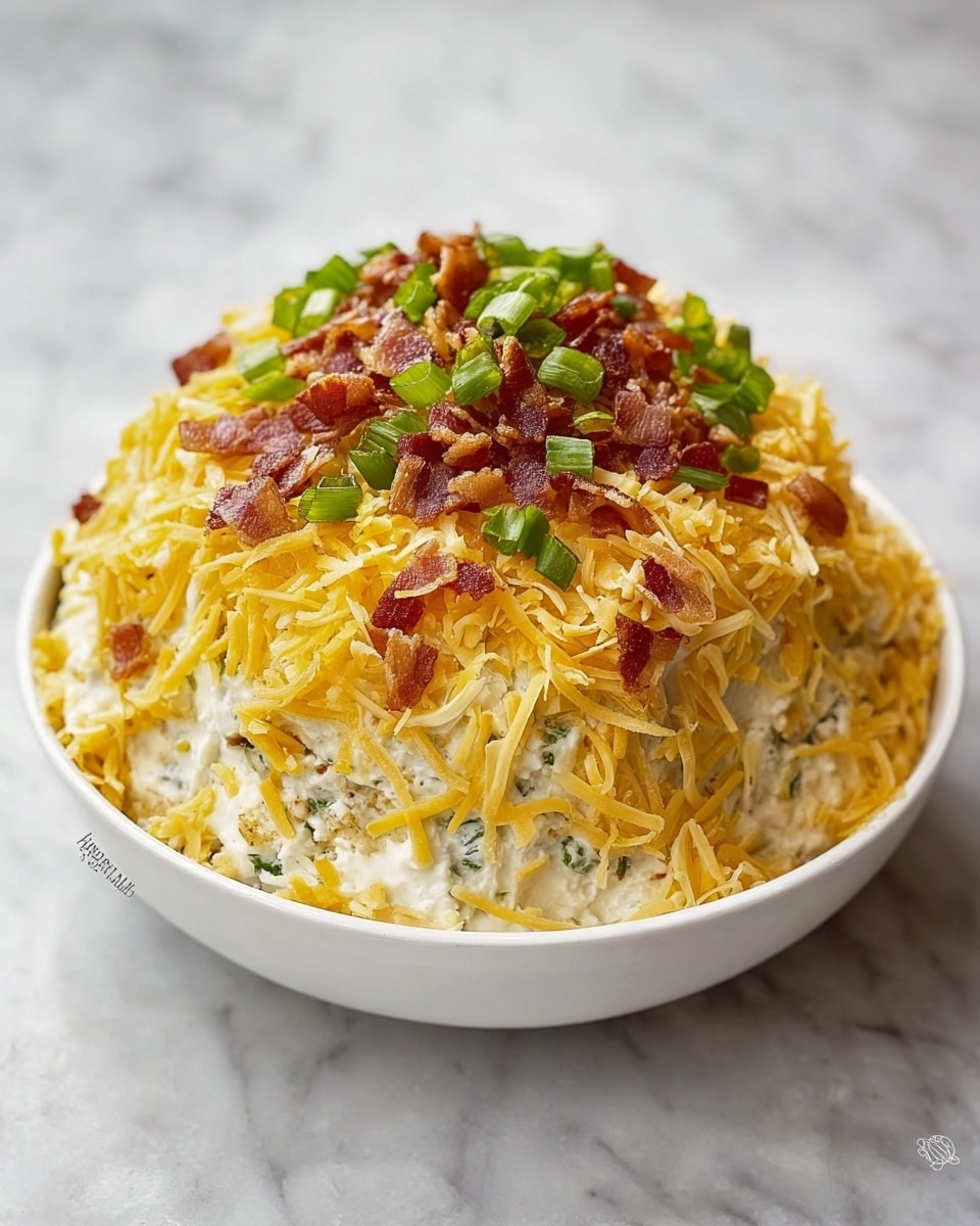 A dome-shaped dip is placed in a white bowl on a white marbled surface. The bottom layer is creamy and white with visible small bits of green herbs mixed in. Covering that is a thick layer of shredded yellow and white cheese creating a fluffy texture. The top layer is sprinkled with crispy small bacon pieces and bright green chopped spring onions, adding contrast in color and texture. The overall look is rich, cheesy, and inviting. photo taken with an iphone --ar 4:5 --v 7