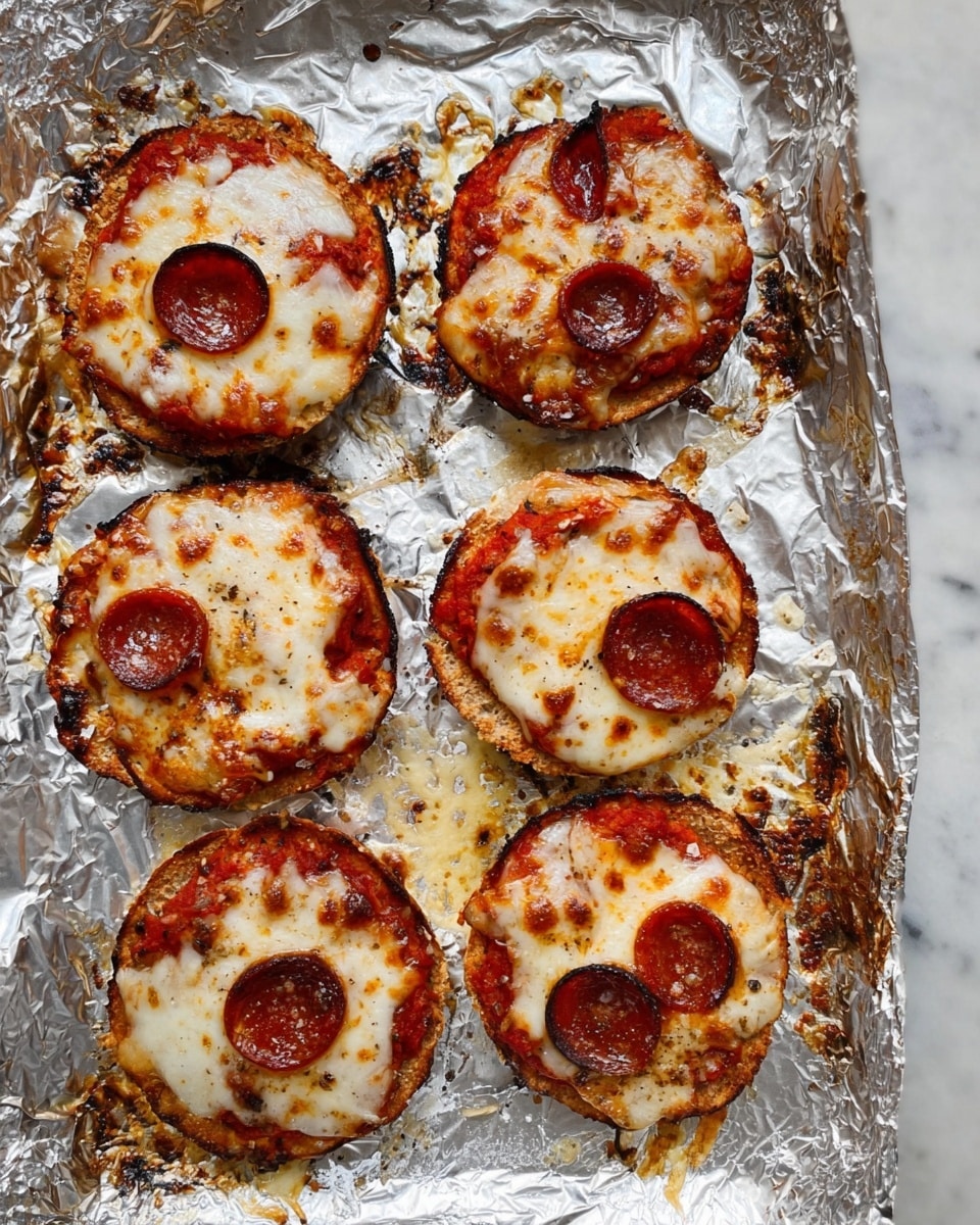 Six small round mini pizzas sit on a foil-covered baking sheet. Each pizza has a golden brown crispy crust that is slightly burnt on the edges. The bottom layer is red tomato sauce, topped with a thick layer of melted, bubbly white cheese mixed with orange tones from browning. On top, there are three slices of dark red pepperoni per pizza. Some melted cheese has spilled onto the foil, creating spotty gooey white and yellow patches around the pizzas. The foil has crumpled textures reflecting light. The entire scene is set on a white marbled surface. photo taken with an iphone --ar 4:5 --v 7