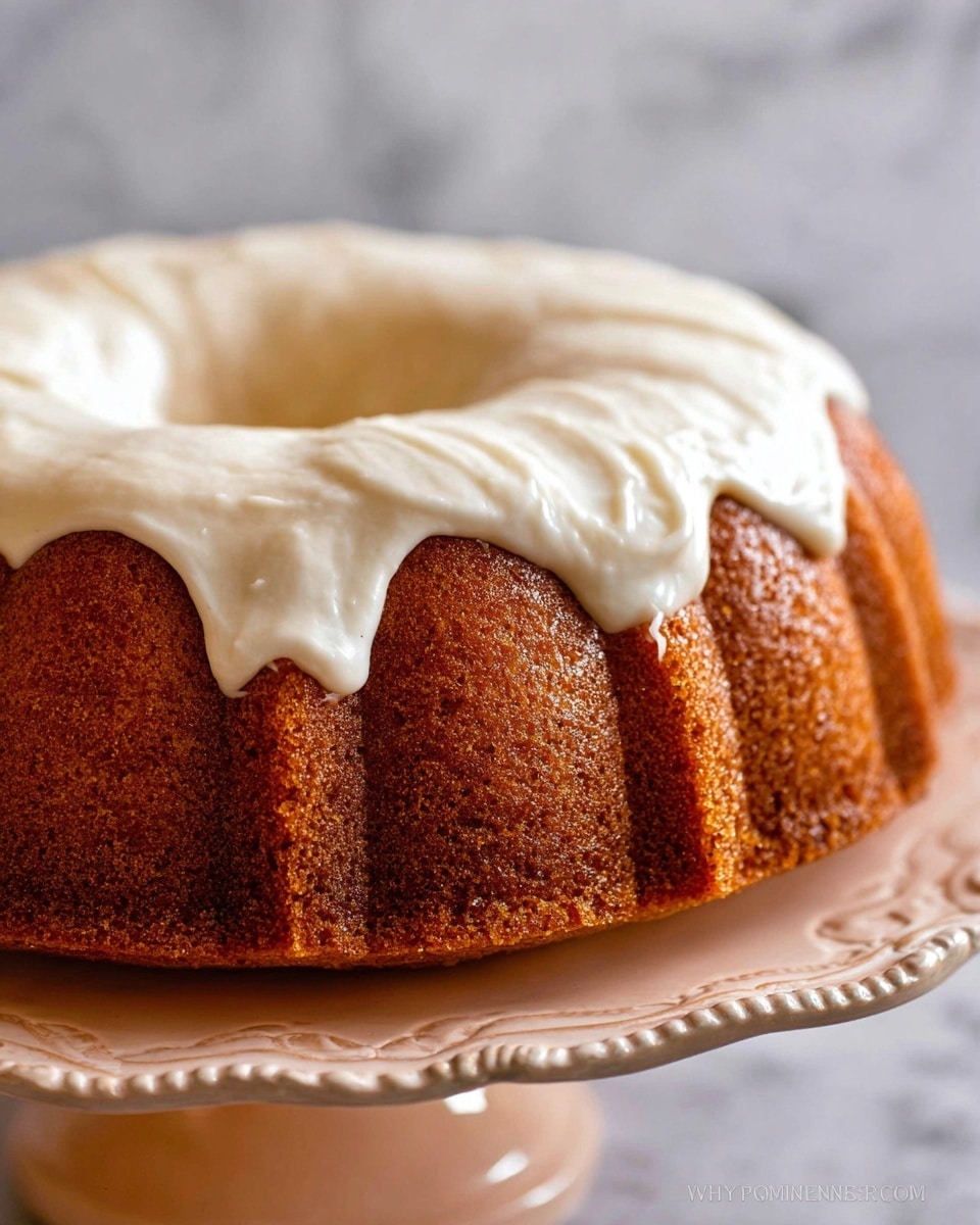 A close-up view of a bundt cake with one thick, rich brown layer forming a ring shape with detailed ridges along the side. It is covered on top with one thick layer of creamy white frosting, spreading unevenly over the surface with a glossy smooth texture that slightly drips down the edges. The cake sits on a white plate with an ornate, slightly scalloped edge, giving a delicate touch to the presentation. The background has a white marbled texture. Photo taken with an iphone --ar 4:5 --v 7
