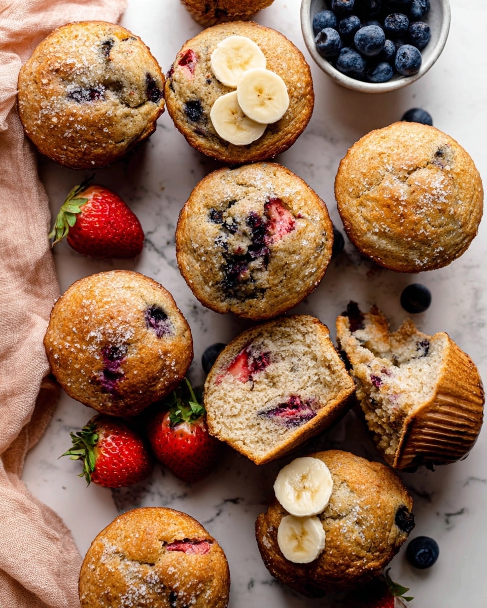 A group of golden brown muffins is spread out on a white marbled surface, with some muffins whole and others cut open to show their soft, moist inside. The muffins have a slightly rough texture on top with sugar crystals sprinkled here and there. Inside, there are visible layers of mixed berries like blueberries and strawberries that create red and dark purple spots within the light tan muffin crumb. Two muffins are decorated on top with three banana slices each, adding a pale yellow color and soft texture contrast. A small white bowl filled with fresh dark blue blueberries sits near the top, and two fresh red strawberries with green leaves lie at the edge of the arrangement. A soft peach-colored cloth is partially visible in the background. The lighting softly highlights the texture and colors, giving the scene a warm and inviting look. photo taken with an iphone --ar 4:5 --v 7