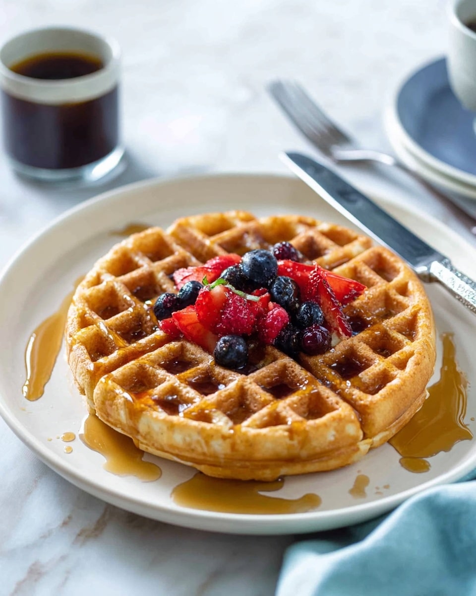 A single round waffle with a golden brown, crispy texture sits in the center of a white plate, its deep square pockets filled and drizzled with amber maple syrup that spills slightly onto the plate. On top of the waffle, there is a small pile of fresh berries, including red raspberries, dark blue blueberries, and a few cut pieces of red strawberries, adding bright color and texture contrast. The plate rests on a white marbled surface, with a knife and fork placed on a folded light blue cloth napkin to the right side, and a cup of dark coffee and a glass of cola blurred softly in the background. photo taken with an iphone --ar 4:5 --v 7