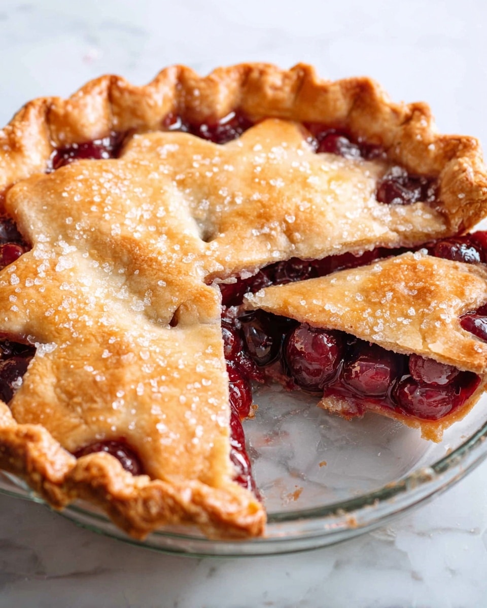 A round cherry pie with two layers is shown, the bottom layer is filled with shiny dark red cherries covered in a glossy syrup, visible through a cut-out slice. The top layer is a golden-brown, flaky crust with a slightly uneven surface and some sugar crystals sprinkled on it, with crimped edges around the pie. The pie is placed in a clear glass dish on a white marbled surface. photo taken with an iphone --ar 4:5 --v 7
