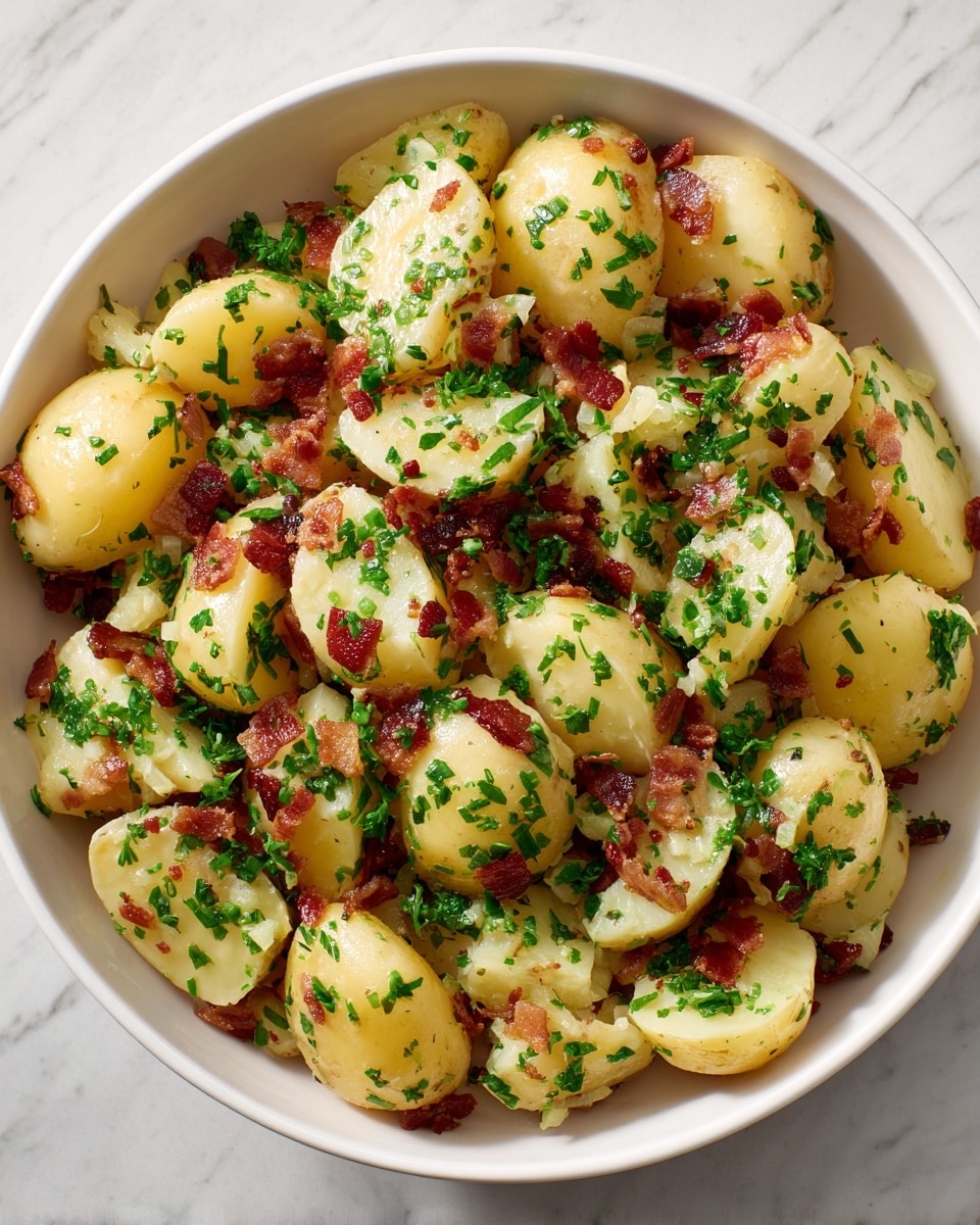 A close-up view of a white bowl filled with a mixed salad made of chopped boiled potatoes and crispy bacon pieces. The potatoes are pale yellow with smooth texture, mixed evenly with small crunchy bacon bits that have a deep reddish-brown color. The dish is topped with finely chopped fresh green herbs that spread across the whole surface, adding a bright contrast to the potatoes and bacon. The bowl sits on a white marbled surface. Photo taken with an iphone --ar 4:5 --v 7