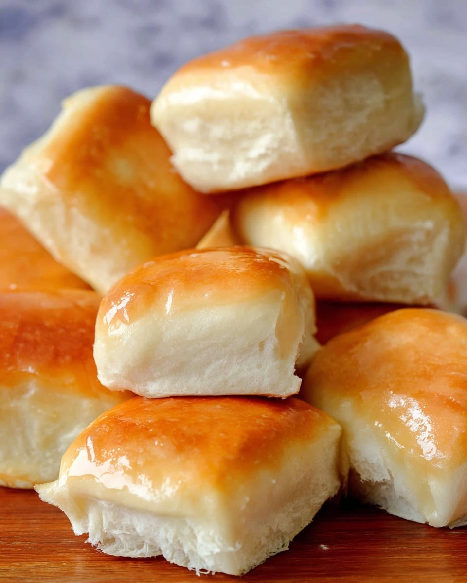 A close-up of many soft, small square rolls piled on a wooden surface with a white marbled texture background. Each roll has a light golden-brown top with a shiny, slightly glazed finish, smooth texture, and a soft white bottom showing the fluffy inside. The rolls are overlapping and stacked unevenly, creating a cozy, fresh-baked feeling. Photo taken with an iphone --ar 4:5 --v 7