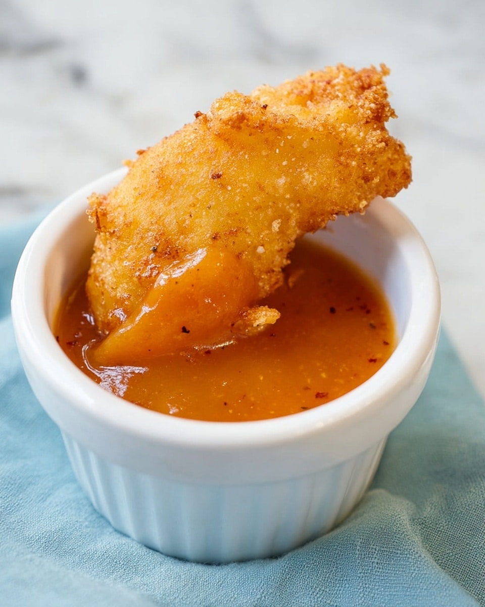 A golden-brown fried food piece with a crispy texture is partially dipped into a thick, glossy orange sauce inside a small white ramekin. The fried item shows slight specks of seasoning and has a bubbly, crunchy coating. The ramekin sits on a pale blue cloth, and the setting includes a soft, white marbled surface in the background. Photo taken with an iphone --ar 4:5 --v 7