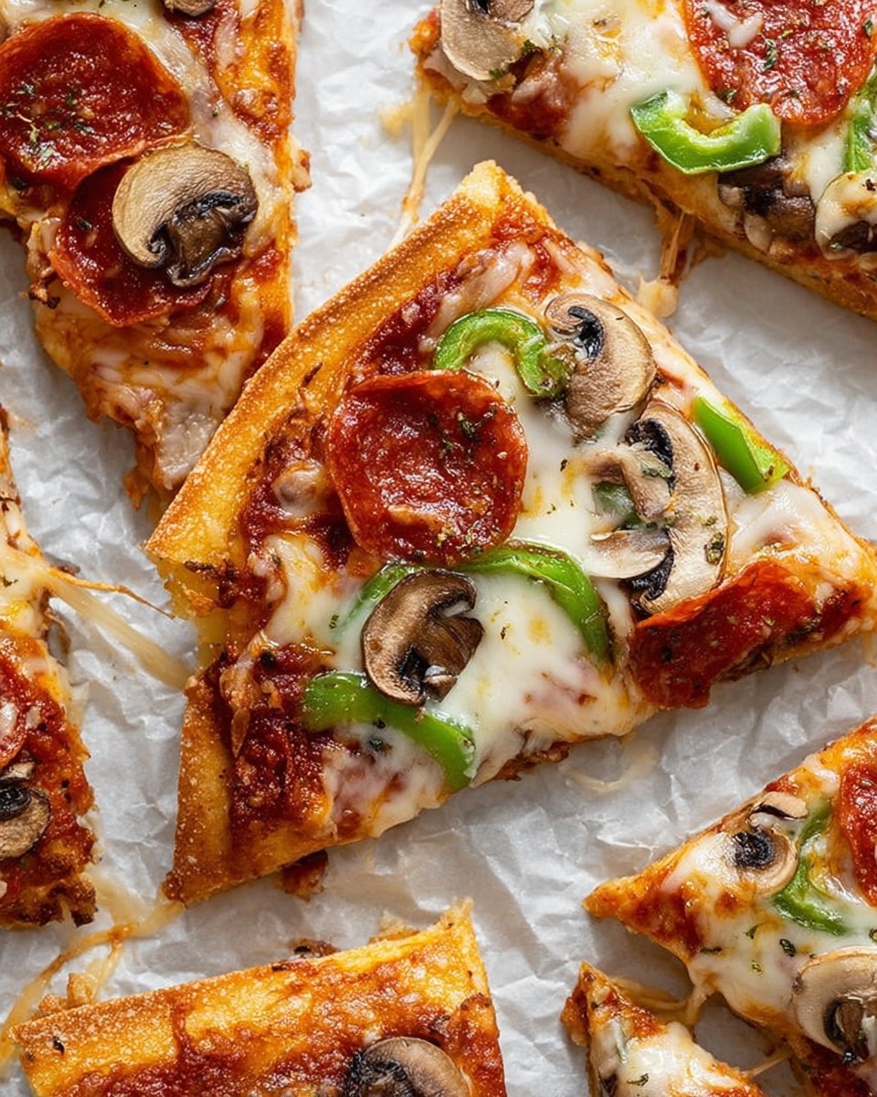 A close-up view of several slices of pizza on white parchment paper over a white marbled surface. The pizza has one thick crust base with a golden-brown color and slightly crispy texture. On top, there is a layer of rich red tomato sauce, followed by a thick layer of melted cheese that is creamy white with some golden melted spots. Scattered on the cheese are slices of red pepperoni, chunks of green bell pepper, and pieces of cooked brown mushrooms. Some slices have thin strands of cheese stretched between them. The colors are vibrant with a mix of red, green, and brown on the gooey, melted cheese. photo taken with an iphone --ar 4:5 --v 7