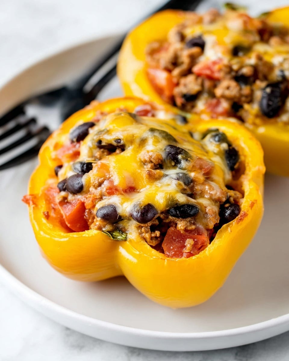 Two stuffed yellow bell pepper halves rest on a white plate with a white marbled background. Each pepper half is filled with a mixture that has at least three layers visible: a base layer of diced tomatoes and cooked ground meat, a middle layer with black beans scattered throughout, and a top layer covered with melted yellow cheese that has a slightly glossy texture. The peppers have a smooth and shiny surface, and the filling looks moist with a soft texture. A black fork is placed behind the peppers. Photo taken with an iphone --ar 4:5 --v 7