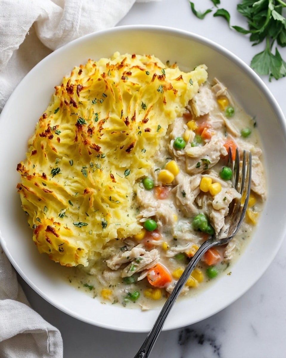 A white plate holds a serving of chicken pot pie with two distinct layers. On the left side is a golden-yellow mashed potato topping, piped with a wavy pattern and browned slightly, with small specks of green herbs sprinkled on top. The right side shows a creamy white sauce filled with chunks of light brown shredded chicken, bright orange carrot pieces, green peas, and yellow corn kernels, creating a colorful contrast. A fork rests on the right side of the plate, partially dipped into the creamy mixture. The plate is placed on a white marbled surface with a light-colored cloth and some green leafy herbs in the blurred background. Photo taken with an iphone --ar 4:5 --v 7